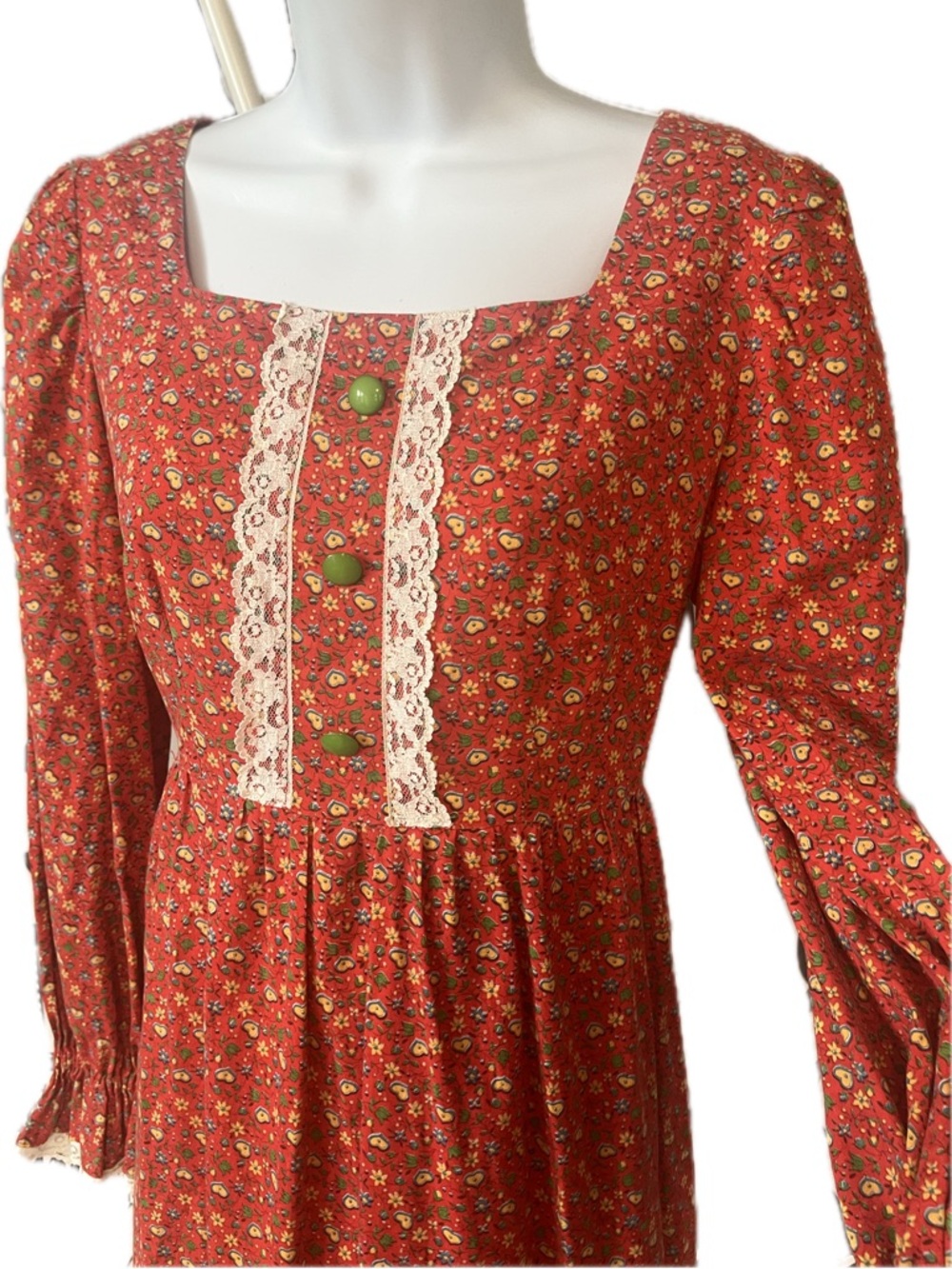 Vintage Handmade Red Floral Square Neck Prairie Dress with Lace Trim